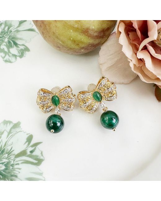 Farra Green Butterfly Bow With Malachite Dangle Earrings