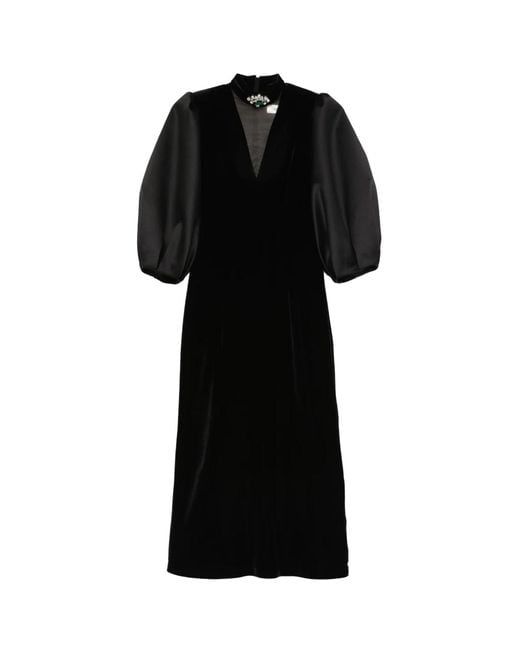 Nissa Black Puff Sleeves Velvet Midi Dress