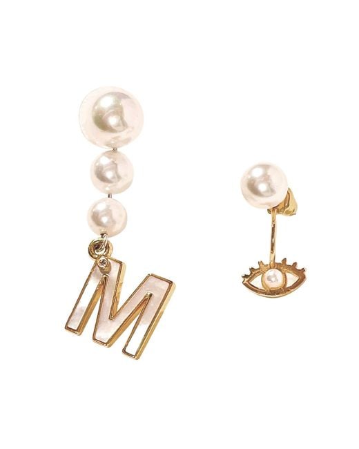 Aurozia Brown The Alphabet Eye Letter Mother Of Pearl Shell Pendant Asymmetric Diamond Pearl Earrings