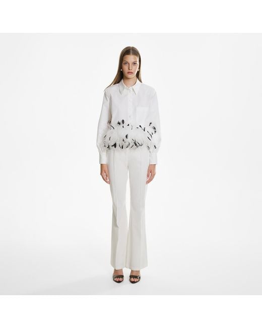 Lita Couture Gray Cropped Feather-Trim Shirt