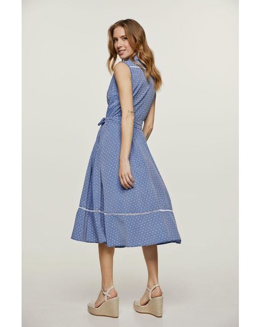 Conquista Blue Polka Dot Button Detail Dress