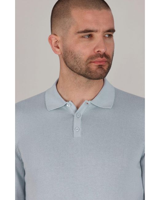 Paul James Knitwear Blue Lightweight Cotton Hall Long Sleeve Knitted Polo Shirt for men