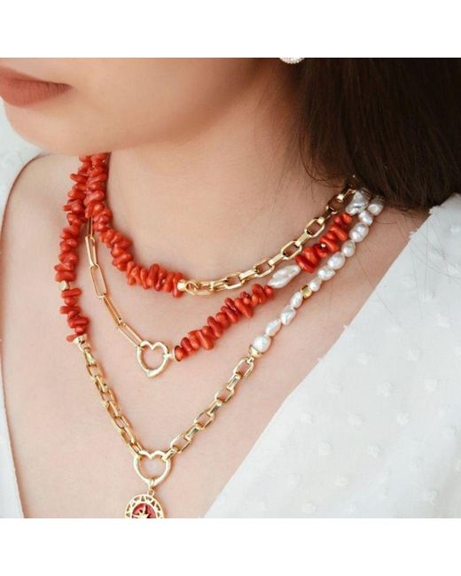 LINYA JEWELLERY Red Love Chain Coral Pearl Necklace