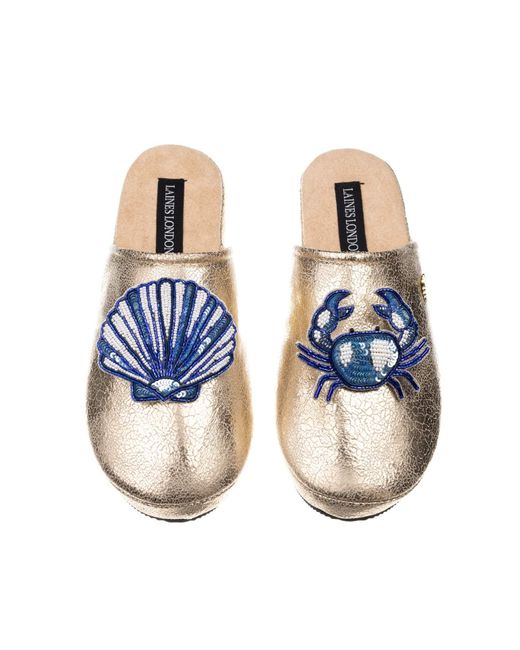 Laines London Blue Softie Slippers With Mediterranean Shell & Crab Brooches