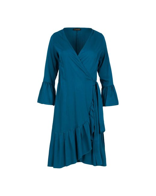 Conquista Blue Petrol Wrap Dress Viscose With Bell Sleeves.