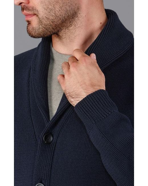 Paul James Knitwear Blue Midweight Cotton Shawl Collar Sebastian Cardigan for men