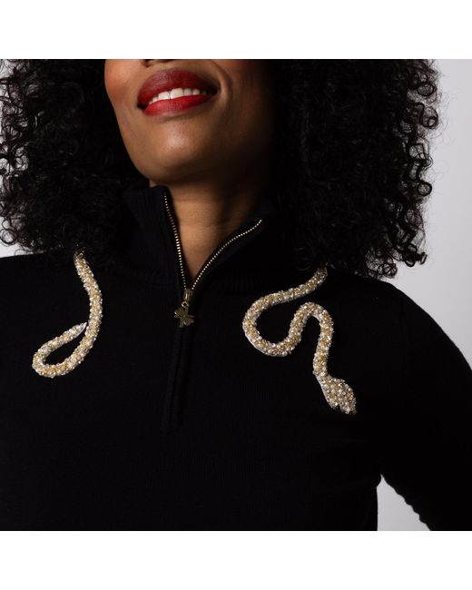 House of Laines London Black Laines Couture Quarter Zip Jumper With Embellished Crystal & Pearl Snake