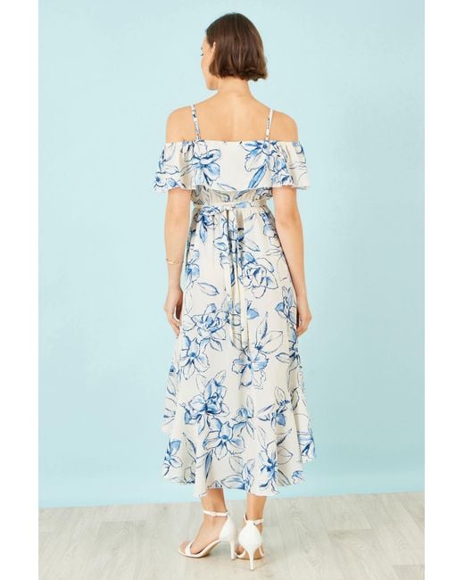 Yumi' Blue Neutrals Ivory Floral Print Bardot Midi Dress With Dip Hem