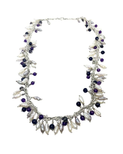 Tg-Jewellery by Tamara Gervasio Metallic Grappolo Fresh Water Pearls, Amethyst And Iolite Necklace One Of A Kind