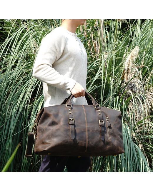 Touri Brown Zip Detail Genuine Leather Holdall Weekender for men