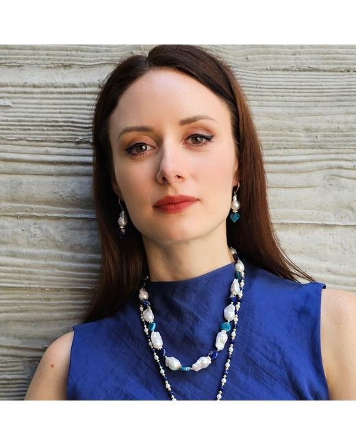 Farra Blue Baroque Pearls With Heart Shaped Lapis And Apatite Dangle Earrings