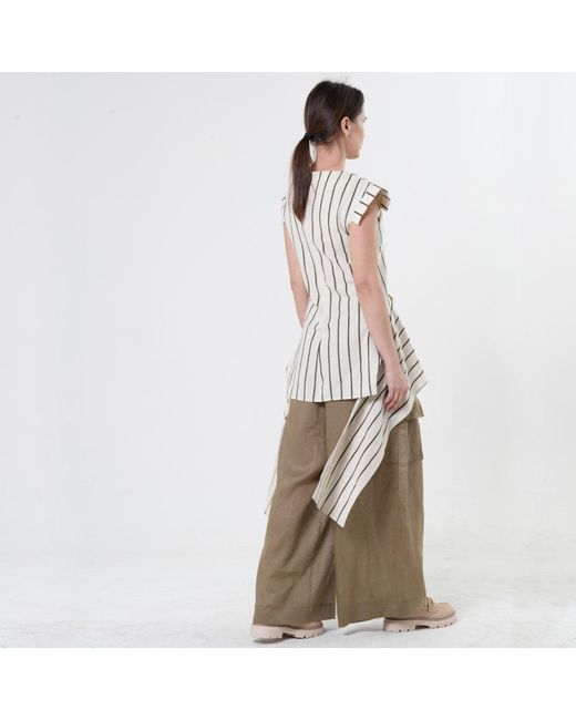 Metamorph Green Asymmetric Linen Top Nn Khaki Stripes