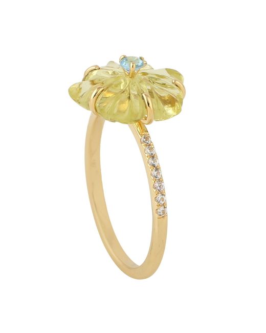 Artisan 18k Yellow Gold Carving Flower Ring Lemon Quartz Gemstone Handmade Jewelry