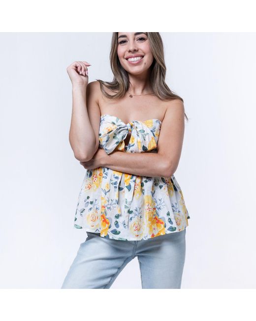 House of Gl Yellow Florea Cotton Front-Tie Smocked Back Tube Top