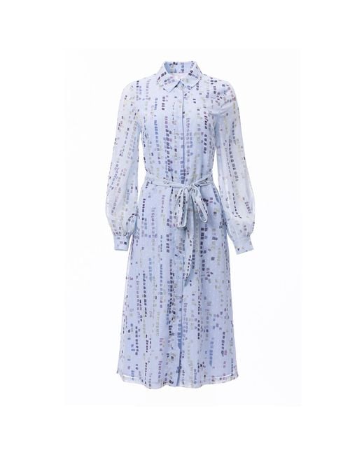 Carloslines Blue Button Down Shirt Dress With Illusion Puff Long Sleeve & Pockets