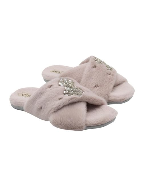 Rettrose Gray Neutrals Fefe Nude Luxury Plush Diamanté Bow Embellished Handmade Slipper