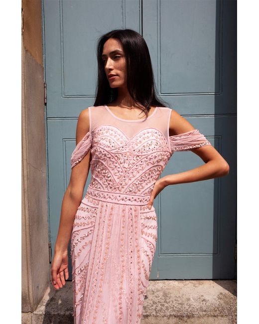 Raishma Pink Merlot A Sweetheart Neckline With A Sheer Neck Panel & Off-The-Shoulder Straps Adorned With Beading & Sequin Embroidery & Gown