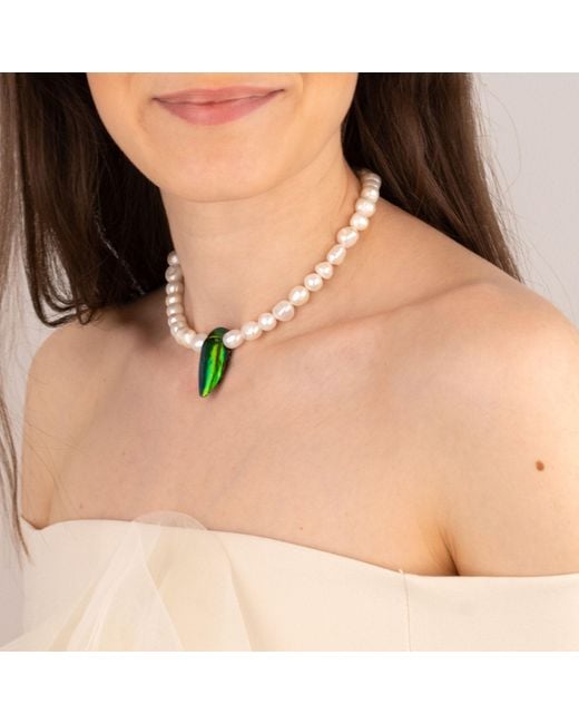 Oana Savu Metallic Beetle Real Insect And Freshwater Pearls Choker