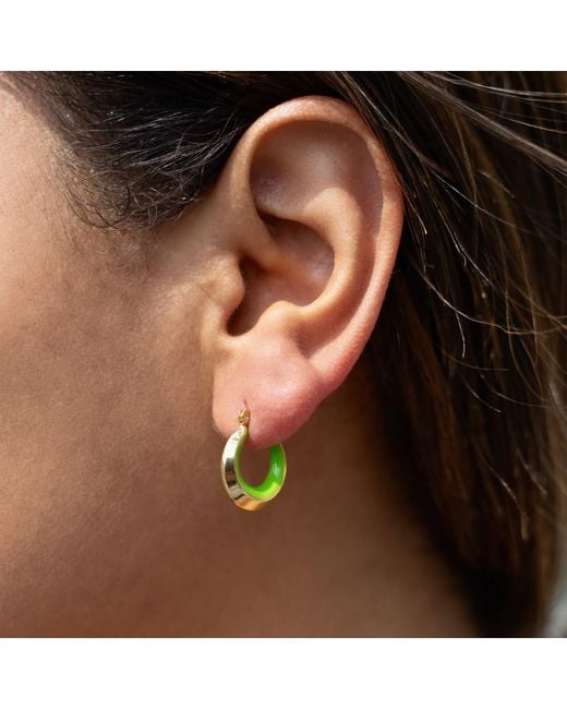 Gold & Honey Petite Slope Huggie Hoops With Neon Green Enamel