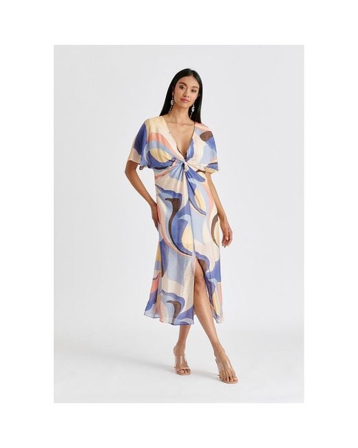 Paisie Blue Retro Wave Midi Dress With Twist Detail, Pastel, And