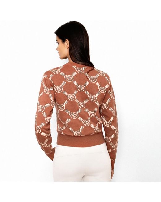 X Ilona Blue Brown Neutrals Graffiti Teddy Bear Cafe Cream Reversible Jacquard Knit Sweater