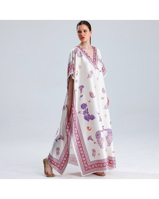 LOVEIST STORE Purple Morrocco Statement Print Silky Satin Kaftan Dress