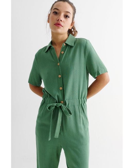 Louche Green Justin Linen Mix Short Sleeve Jumpsuit