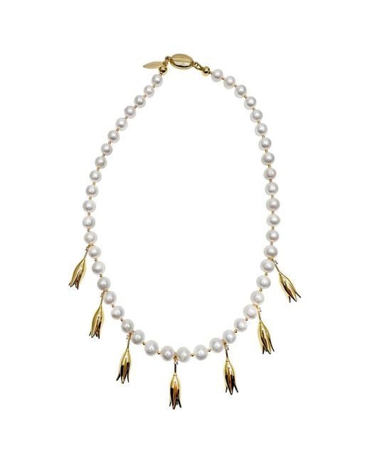 Farra White Freshwater Pearls Flower Metal Charms Statement Necklace