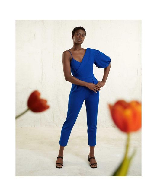 Femponiq Blue Peak Lapel Puff Sleeve Crepe Jumpsuit