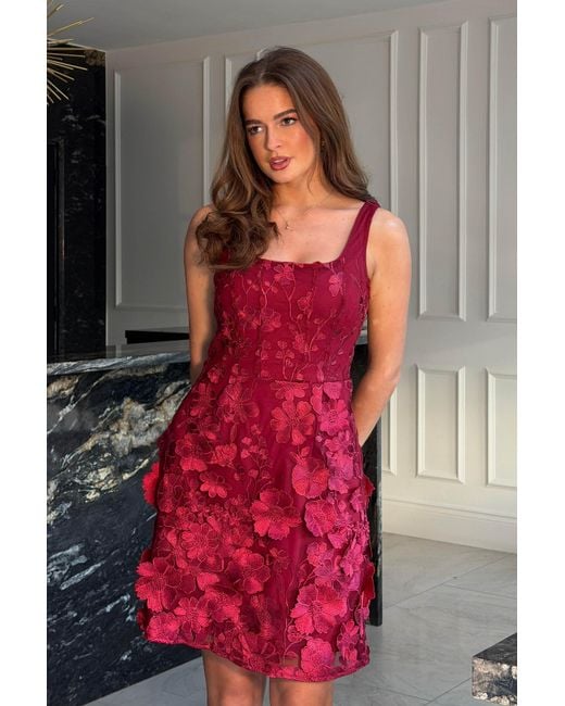 Girl In Mind Red Celeste Floral Square Neck Mini Dress Berry