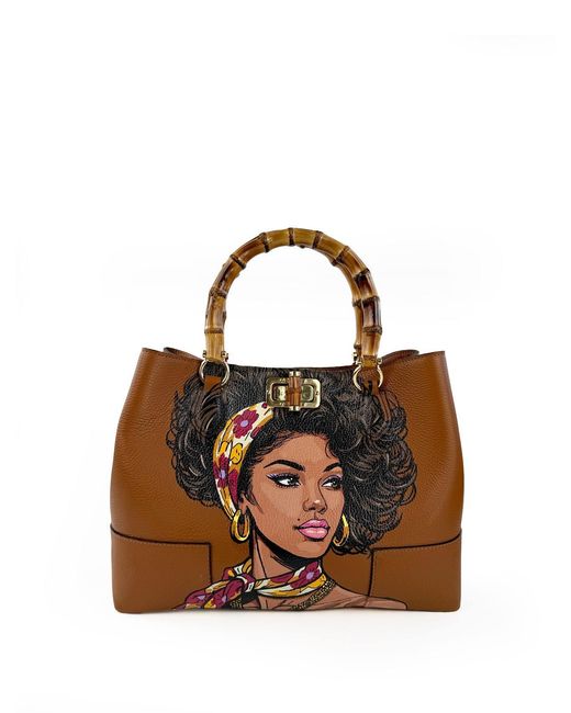 Maison Rubaiyat Brown Bamboo Chic Hand-Painted Leather Bag