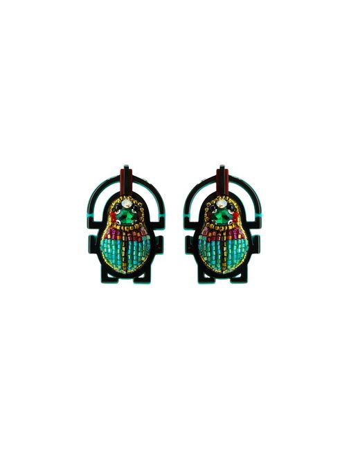 Gissa Bicalho Green Handmade Acrylic Earring Scarab Embroidered