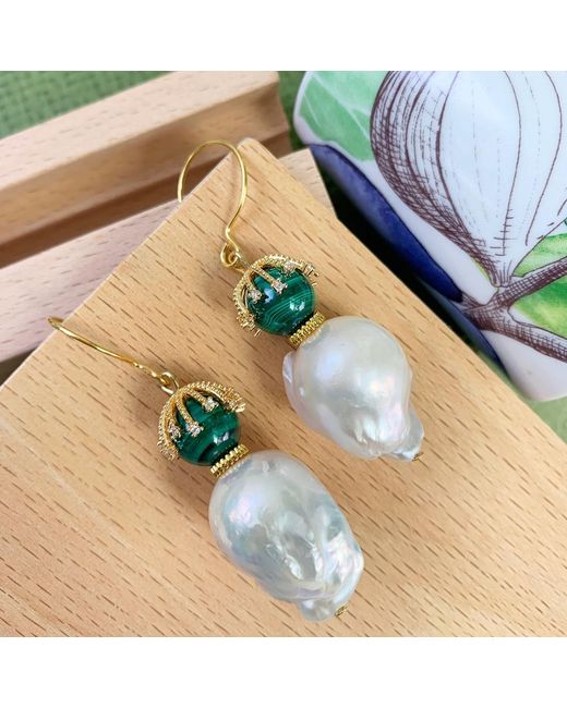 Farra Multicolor Baroque Pearl With Round Malachite Hook Earrings