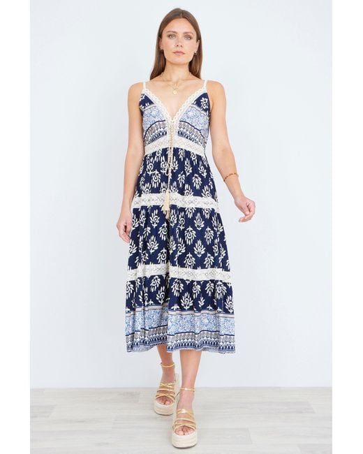 Yumi' Blue Viscose Paisley Print Midi Sun Dress