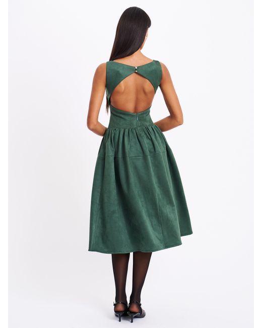 Miss Circle New York Green Laila Suede Boat Neck Backless Midi Dress