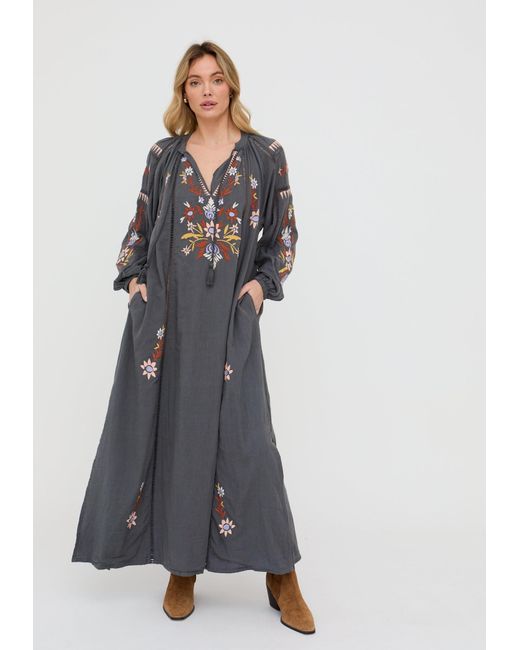 Raffya Gray Elisa Kaftan Style Embroidered Maxi Dress