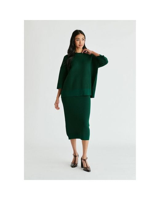 Paisie Green Mock Neck Cropped Sleeve Ribbed Jumper