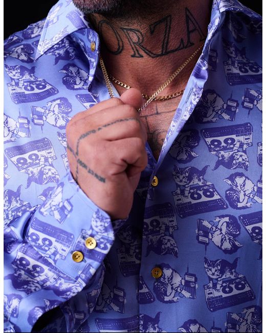 Gresham Blake Purple Scratchin' Cats Silk Shirt for men