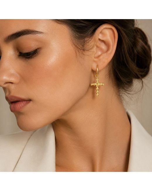 Unaloe Metallic Plated Cross Hoop Earrings – Rose Detail Drop Design – Handmade Italian Jewelry For