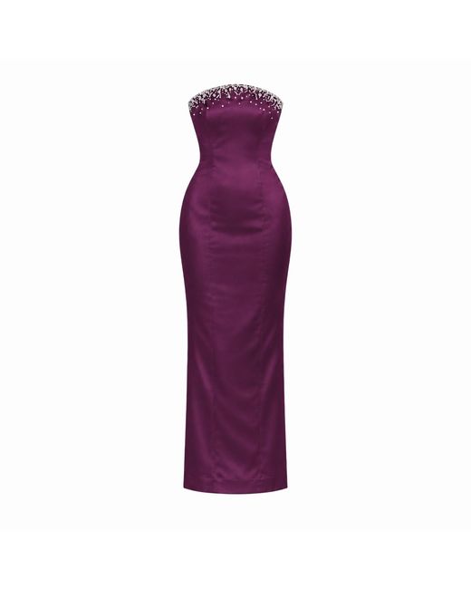 Gushka Purple Solenne Plum Crystal-Embellished Strapless Maxi Dress