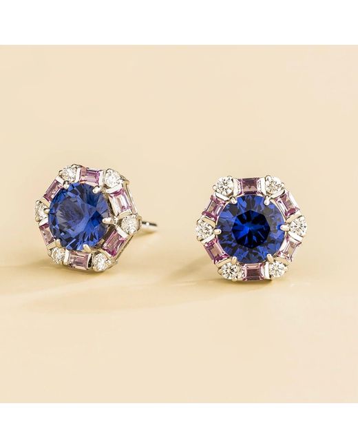 Juvetti Blue Melba Sapphire, Sapphire & Diamond Halo Hexagon Stud Earrings
