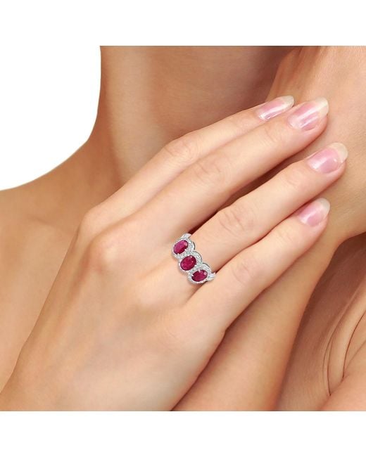 Artisan Pink Three-Stone Ruby & Diamond Halo Band Ring