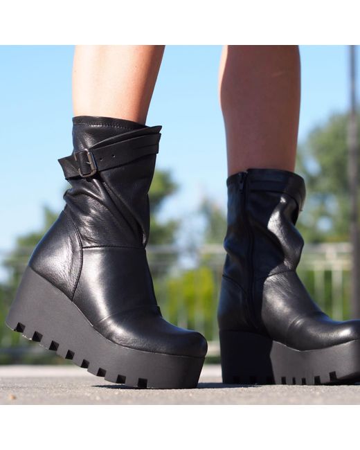 Adrenaline Fashion Black Leather Platform Boots With Buckle Strap Chunky Sole Designer Ankle Boots