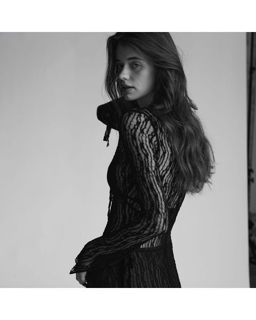 Belsize25 Black Trumpet Dress Flared Sleeve Sheer Lace Knit Dress