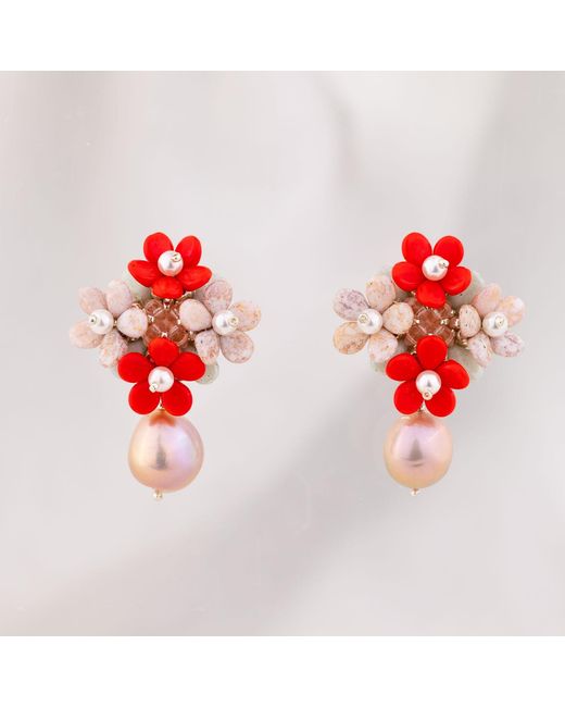 Oana Savu Red Pearls Earrings Sterling Studs Glass Beads Hand Beaded