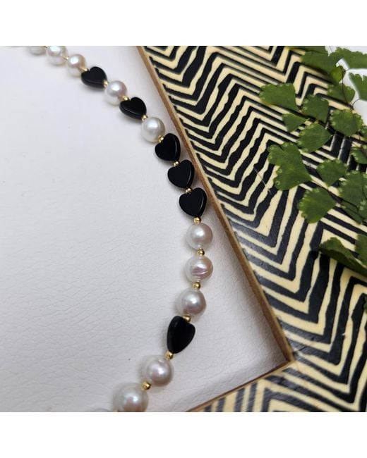 Farra Metallic Freshwater Pearls With Heart Shaped Obsidian Choker Necklace