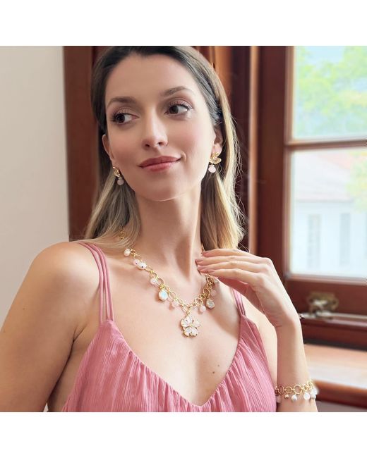 Farra Metallic Rose Quartz Flower Pendant With Pearls Chain Necklace
