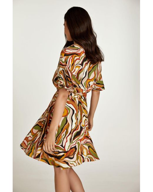 Conquista Brown Brick Colour Print Dress With Ruffle Sleeves