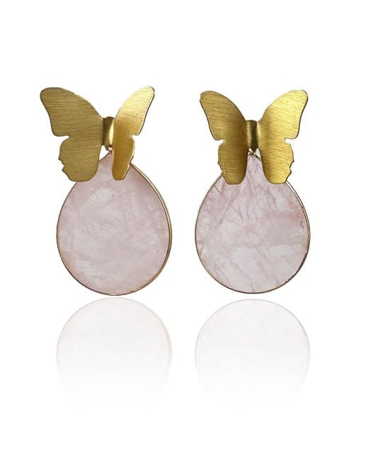 Rare Matters Jewelry Brown Spring Butterfly Rose Quartz Statement Earrings