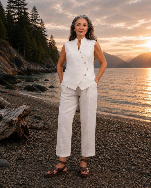 Lumina Eligma White The Isla Linen Vest Ensemble